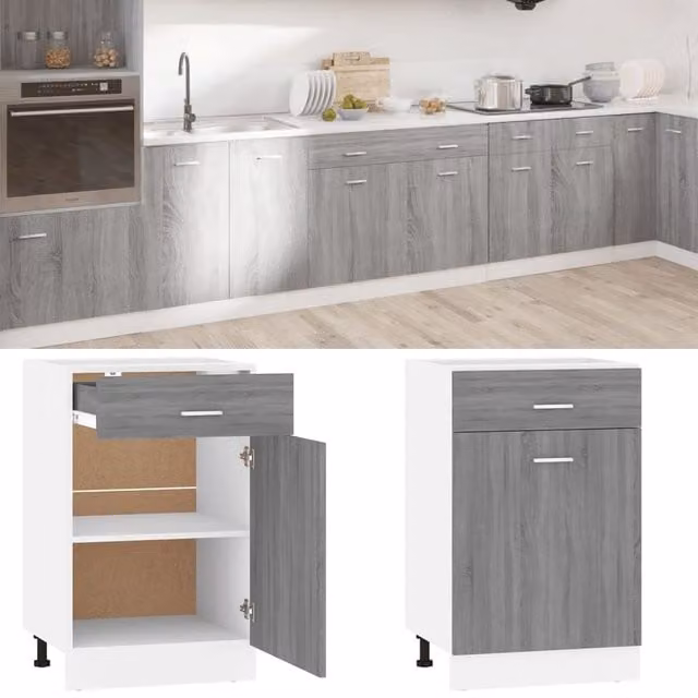 Berkfield Home Grey Sonoma Kitchen Base Unit with Drawers and Hinged Doors, W/D/H: 50 x 46 x 81.5 cm