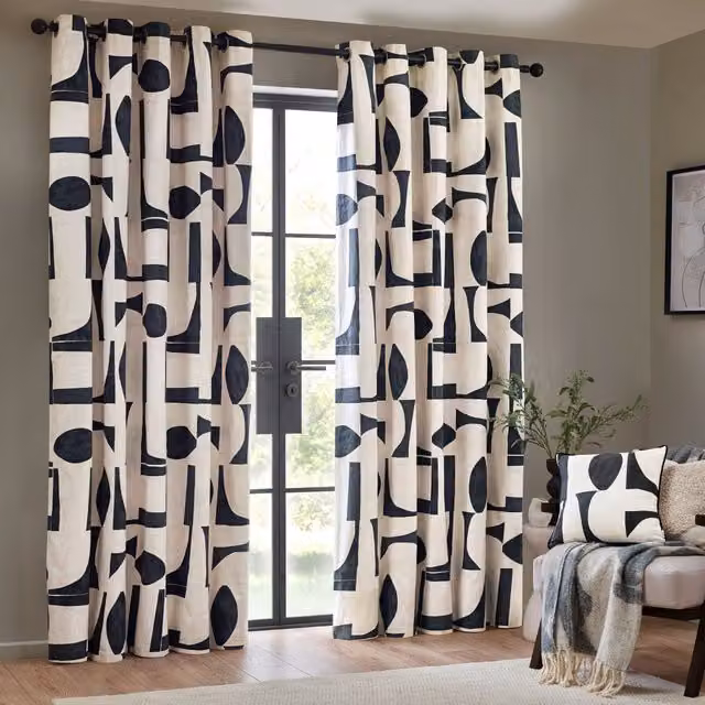 HOEM Carro Abstract Geometric Eyelet Curtains in Blue, W: 168 cm, H: 137 cm