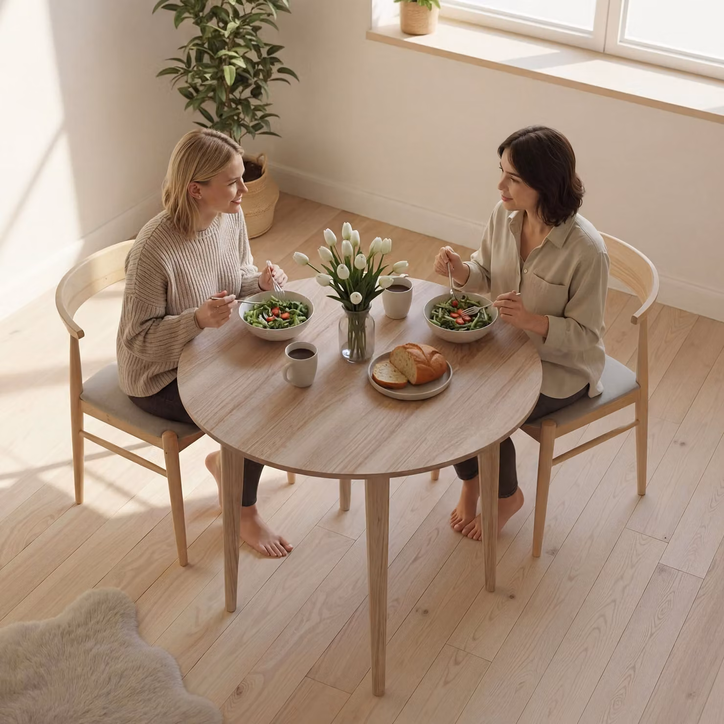 HOMCOM Round Drop Leaf Wood Dining Table for 4 People in Natural Brown – 4