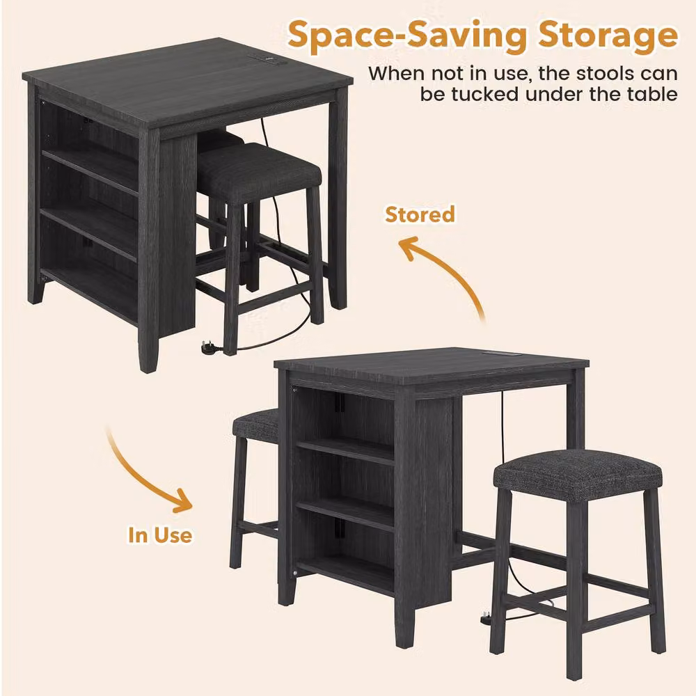 Costway 3-Piece Bar Table Set with 2 Stools and Power Outlet in Black – 6