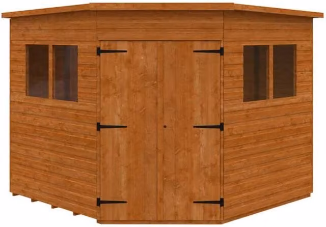 Buttercup Farm Corner Shed in Burnt Orange, 12mm Solid Wood with Double Doors and Gable Roof