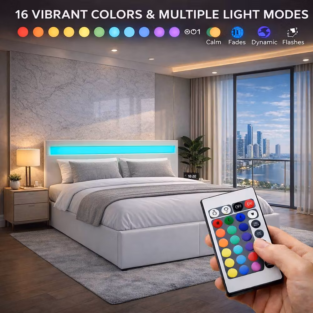Harmin White Faux Leather Ottoman Storage Bed with LED Headboard, W/D/H: 140 x 200 cm – 2
