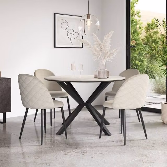 More4Homes Calne Round White Ceramic Dining Table and 4 Raye Beige Velvet Chairs – 1