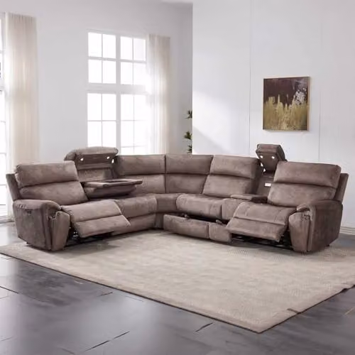Furnishings For Less UK Valtos 5 Seater L-Shape Electric Reclining Corner Sofa in Brown Fabric with USB Charging and Cup Holders – 2