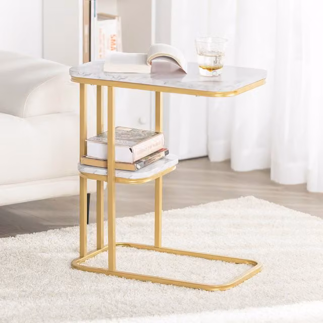 SoBuy C-shaped Side Table in White with Marble Effect Rectangular Top