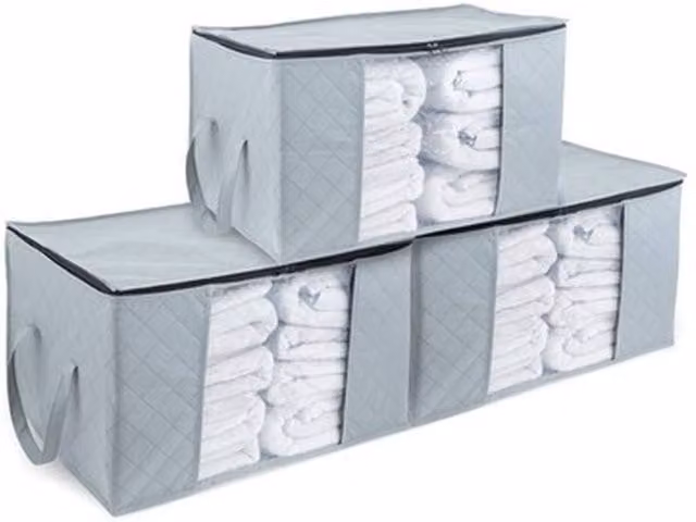 NESTLUNE 3 Pack Large Grey Fabric and Mesh Bedding and Clothes Storage Bags, 84L per bag