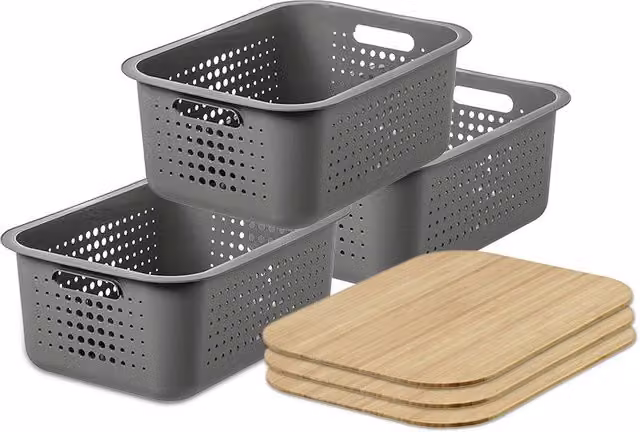 SmartStore Set of 3 Stackable Grey Plastic Baskets with Bamboo Lids – 1