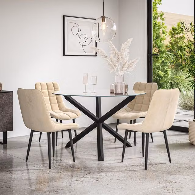 More4Homes Malvern Round Dining Table and Set of 4 Nova Beige Velvet Chairs with Clear Glass Top and Black Oak Legs, Diameter: 120 cm, Height: 75 cm