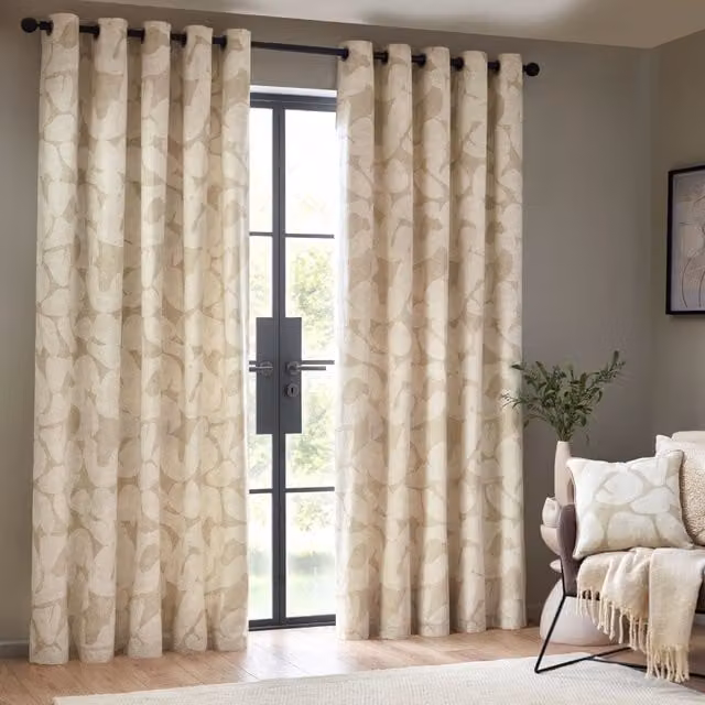 Terrys Brinn Abstract Ready Made Eyelet Curtains in Beige Cotton