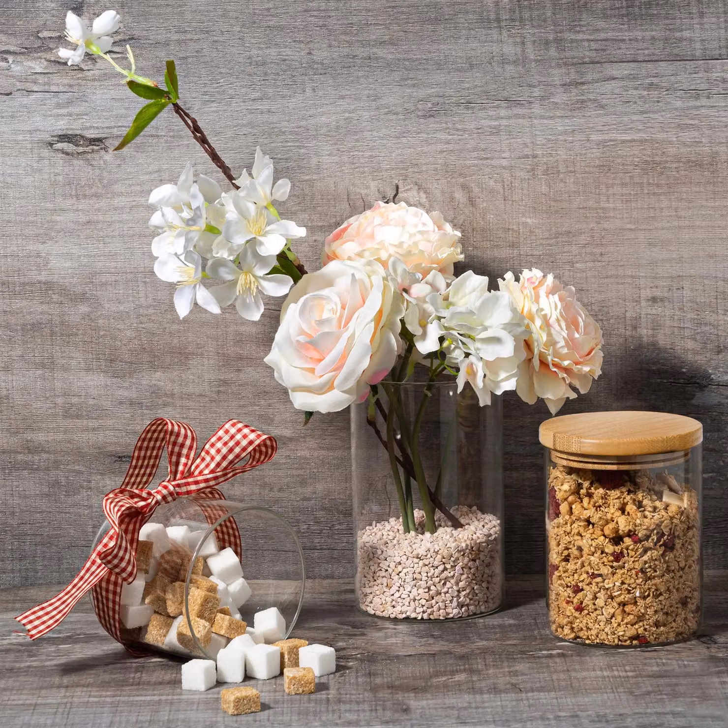 Argon Tableware Set of 3 Scandi Round Glass Storage Jars with Airtight Wooden Lids, Clear, 750ml each – 2