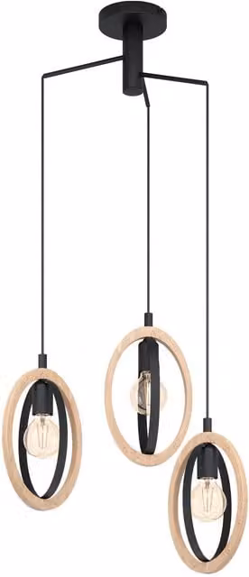 Loops Black and Wood Hanging Ceiling Pendant Light with Ring Hoop Shade and 3x E27 Bulb Sockets
