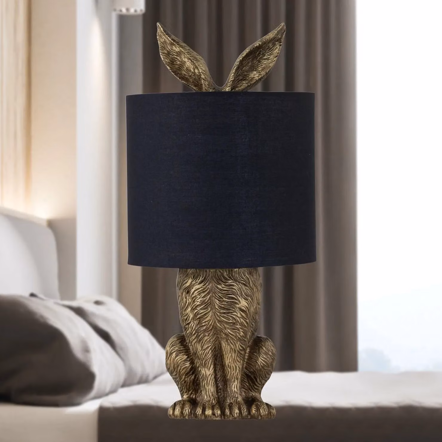 First Choice Lighting Babs Set of 2 Antique Gold Hare Table Lamps with Black Fabric Shades – 6