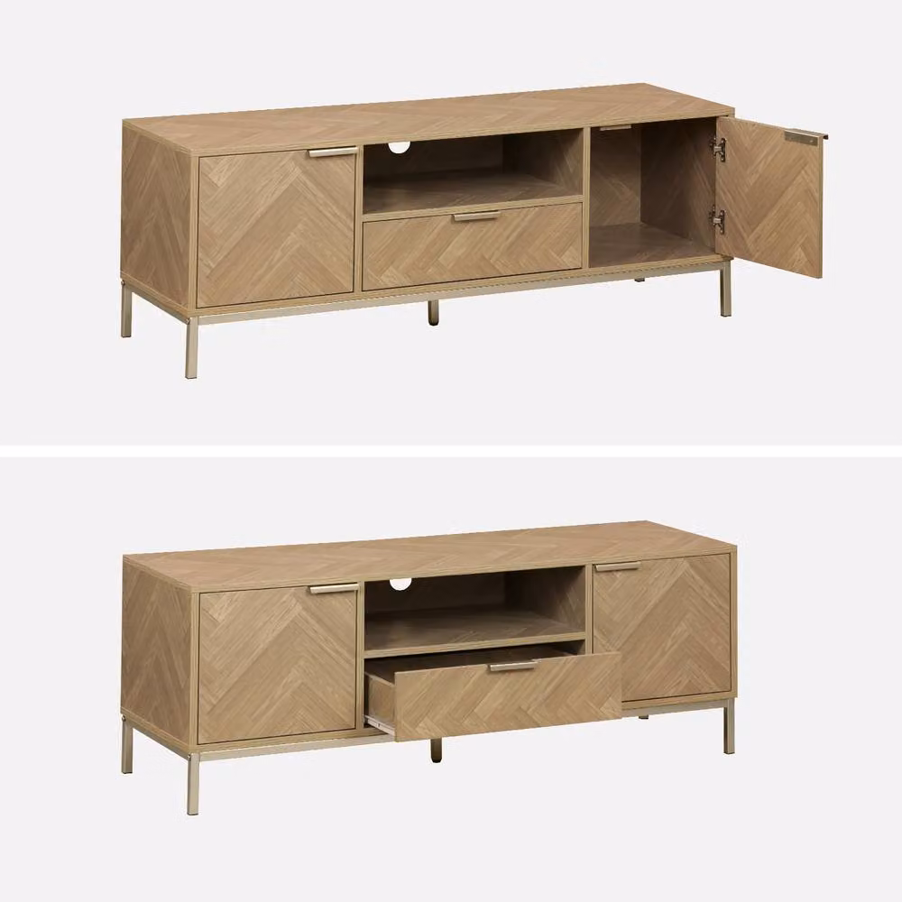 Sweekeec Modern Herringbone TV Unit in Light Brown with 2 Cupboards and 1 Drawer, Width: 120 cm – 4