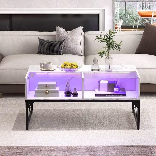 Costway Modern High-Gloss LED Coffee Table with Glass Top in White