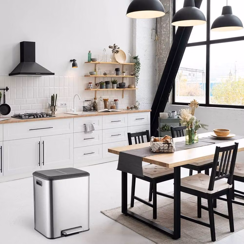 London Boutique Double Kitchen Bin with Soft-Close Pedal and Removable Inner Buckets, 2 x 15L, Stainless Steel, Silver – 3