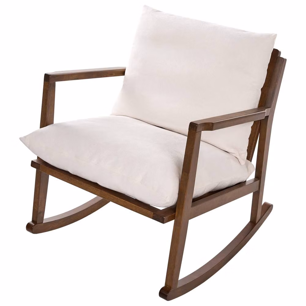 Wyld and Coco Rocking Armchair in Beige Fabric with Rubberwood Frame – 4