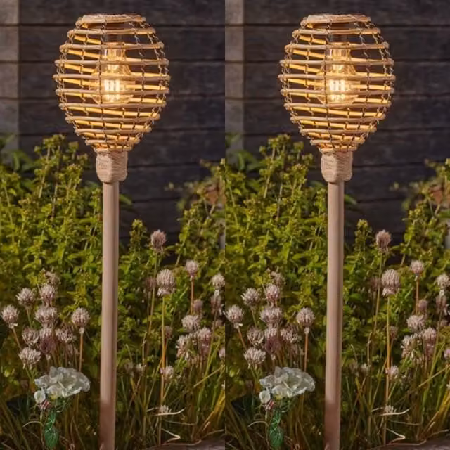 Garden Mile Set of 2 Solar Torch Stake Lights with Dusk Sensor in Brown and Green