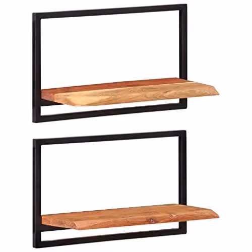 vidaXL Set of 2 Industrial Wall Shelves in Brown Acacia Wood and Steel, W/D/H: 60 x 25 x 35 cm