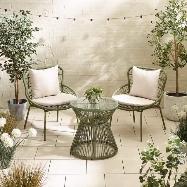 FurnitureboxUK Zuma Green Metal Rattan 2 Seat Garden Bistro Table Set with Glass Top