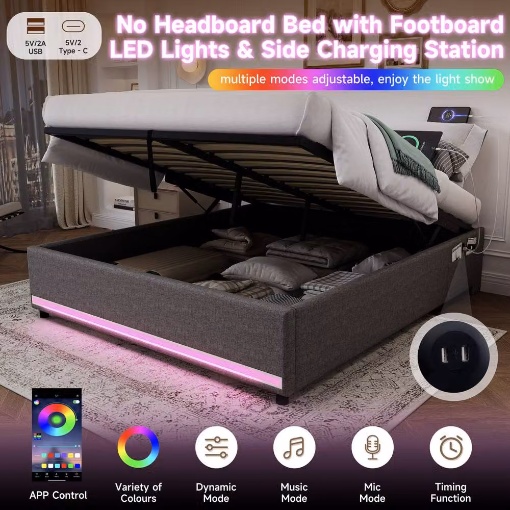 Matteo King Hydraulic Storage Bed in Grey Linen with LED Lights and USB Charging Port, 180 x 200 cm – 4