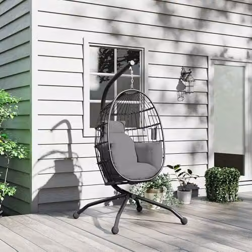 Outsunny Hanging Egg Chair with Folding Basket and Thickened Cushion in Dark Grey – 6