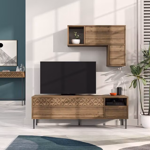 Decortie Heaton Modern TV Unit with Storage and Wall Shelf, Oak Effect Brown and Yellow Geometric Design