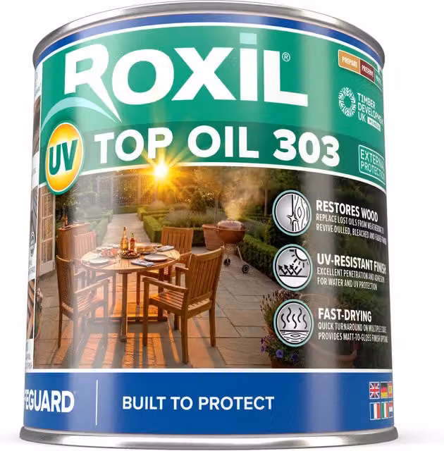 Roxil UV Top Oil 303 Clear Matt Solvent Based Outdoor Wood Oil for Furniture, Decking and Sheds, 1 l