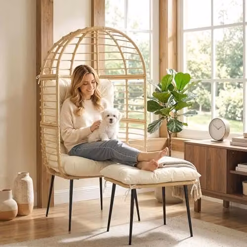 Outsunny Standing Egg Lounge Chair with Footstool and Cushions, Beige Polyrattan – 5