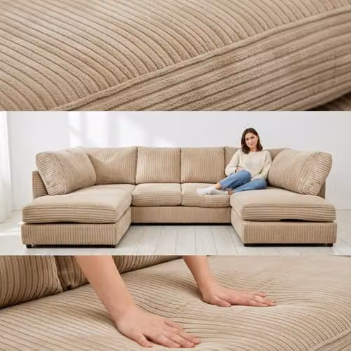SofaSelection Jumbo Cord U-Shape Modular Sofa in Beige with Memory Foam and Birch Frame – 2