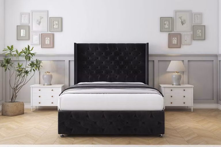 Sloomy Luthor Naples Black Velvet Upholstered Divan Bed Set with Wingback Headboard and Footboard, Double, W/D/H: 140 x 200 cm