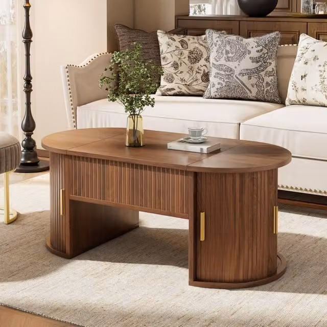 Matteo Walnut Height-Adjustable Oval Coffee Table in Brown – 1