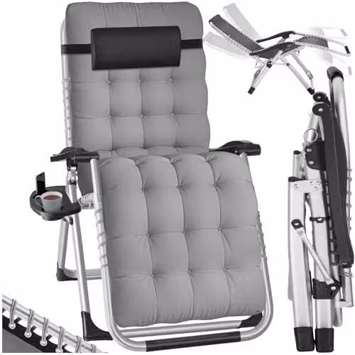 tectake Sun Lounger Cloud in Grey with Adjustable Backrest, Headrest and Side Tray – 1