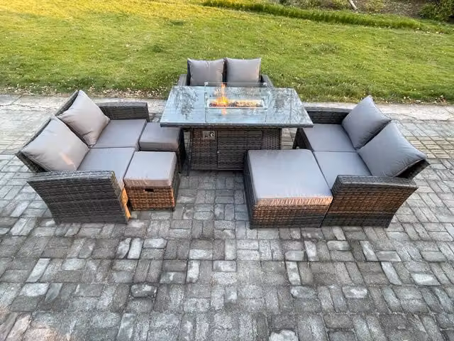 Fimous High Back Rattan Garden Furniture Set with Gas Firepit Dining Table and 3 Footstools in Dark Grey