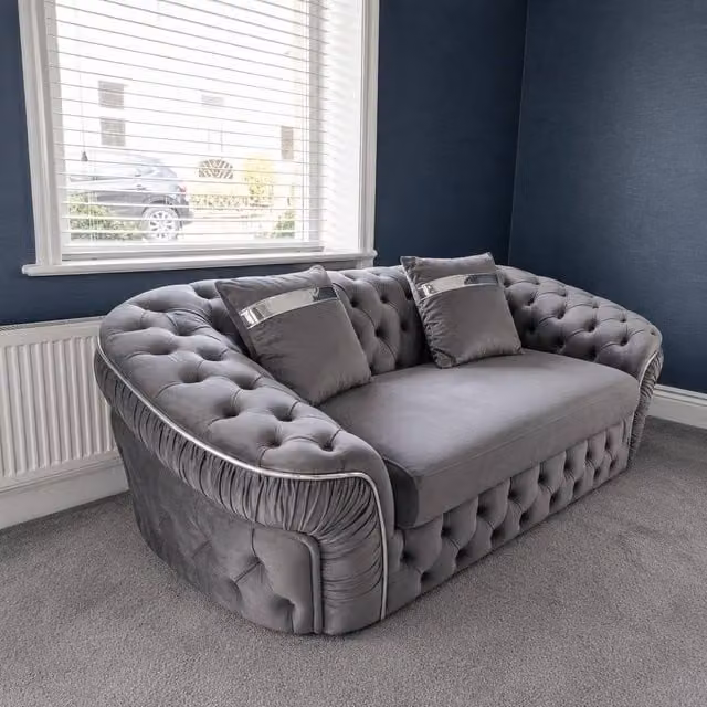 Stratus Interiors Ambassador Chesterfield Sofa in Grey Plush Velvet with Silver Trim