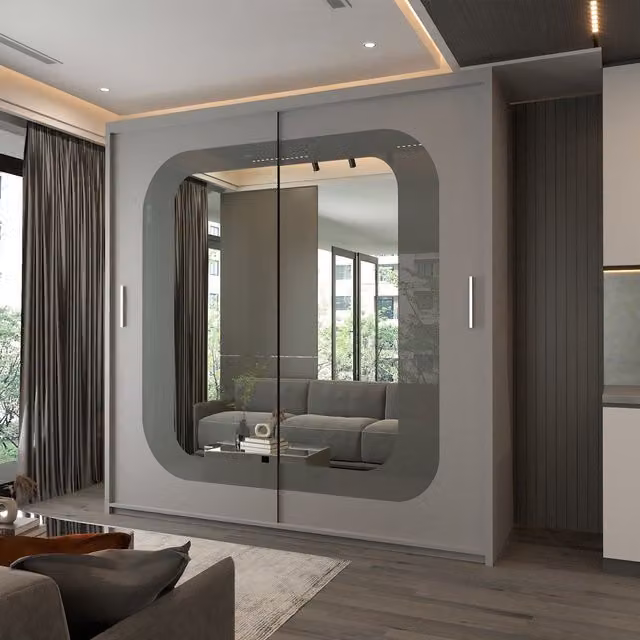 Sliding Wardrobes 4U Modern Double Door Sliding Wardrobe with Integrated LED Light, Grey, W: 150 cm, H: 217 cm