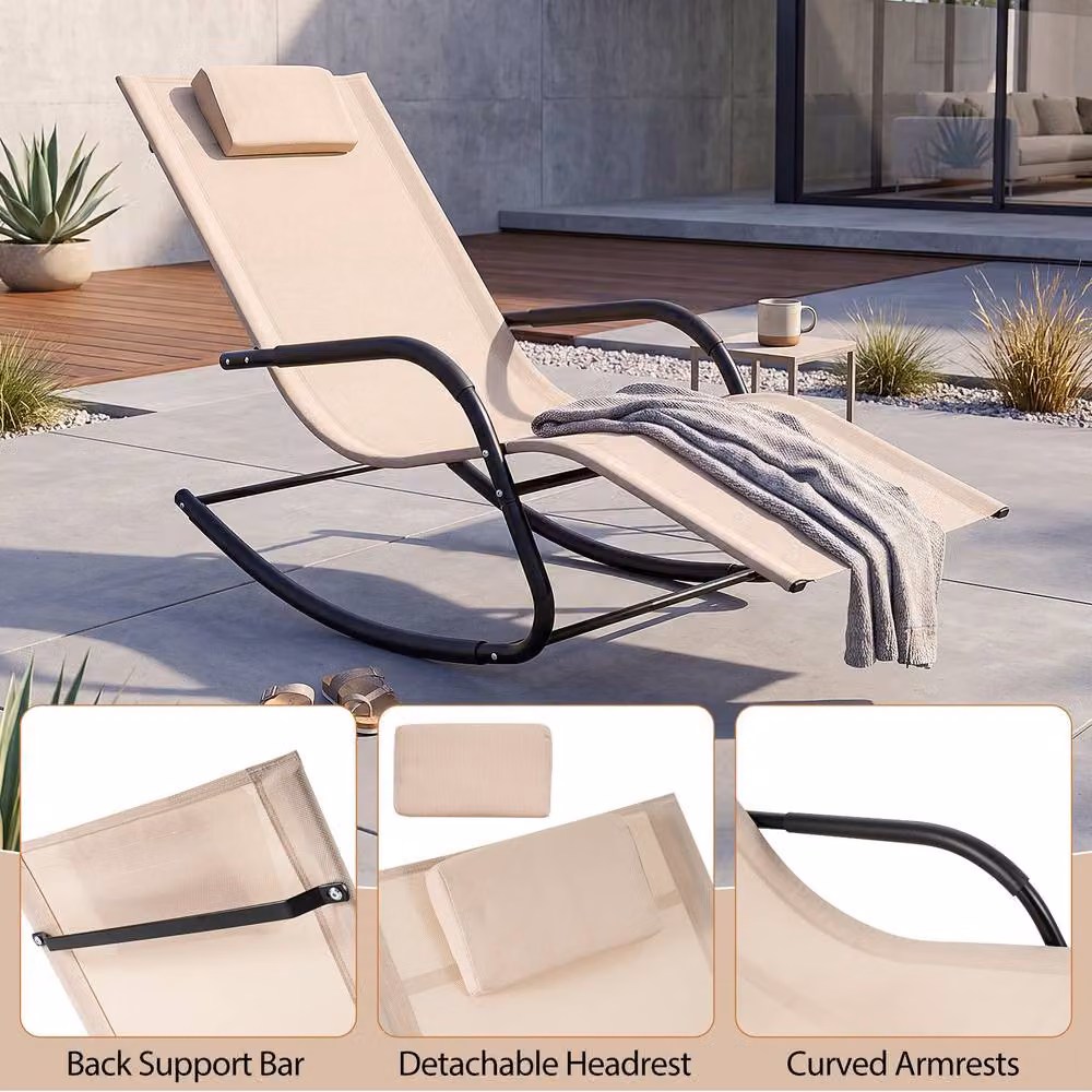Costway Beige Patio Rocking Lounge Chair with Adjustable Headrest and Armrests – 4