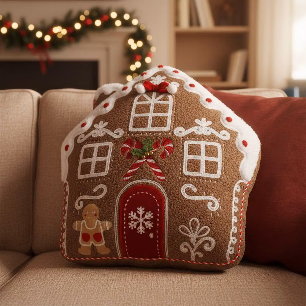 Luxury Living Christmas Gingerbread House Cushion with Plump Hollow Fibre Pad in Soft Brown Fleece – 4