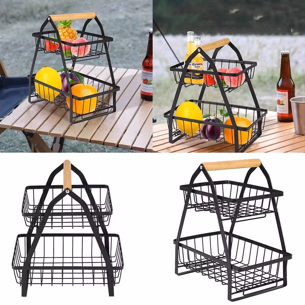 VOGREX 2 Tier Metal Wire Fruit and Vegetable Bowl Basket Rack in Black – 3