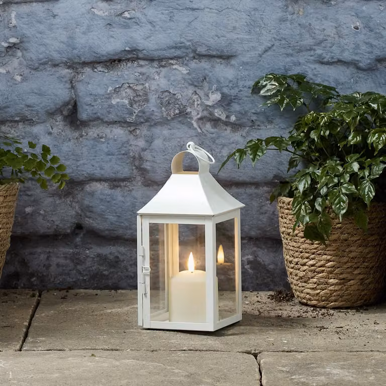 Lights4fun Albury White Metal Decorative Garden Lantern with TruGlow Flicker Effect Candle, Height: 25 cm