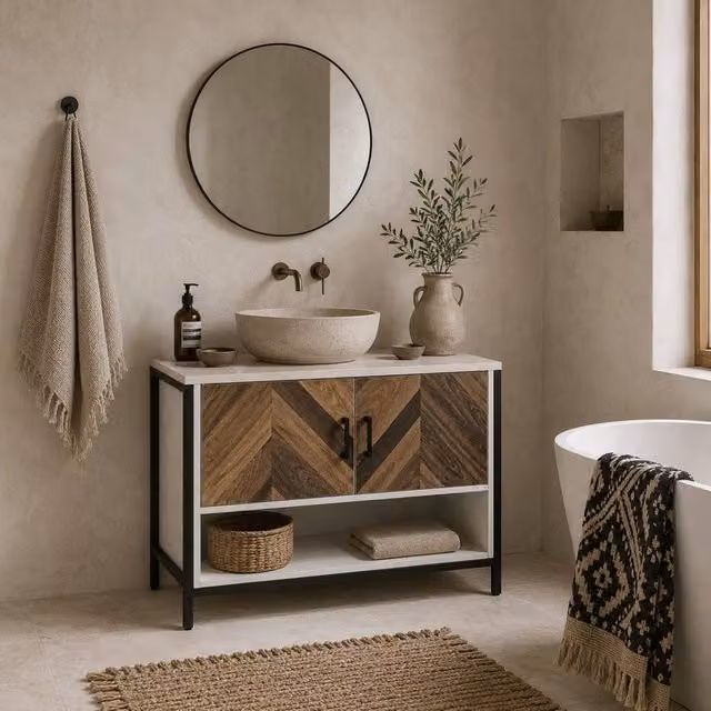 Wyld Haus Saha Rato Cream White Under Sink Bathroom Cabinet with Herringbone Doors W/D/H: 80 x 40 x 60 cm – 1