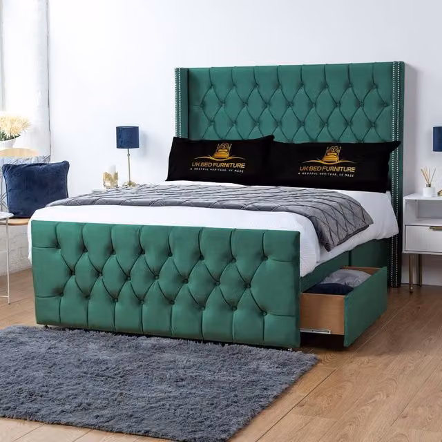 UK Bed Furniture Emily Green Velvet Wingback Divan Bed with 2 Foot End Drawers and 54 Inch Headboard, W/D/H: 180 x 200 cm