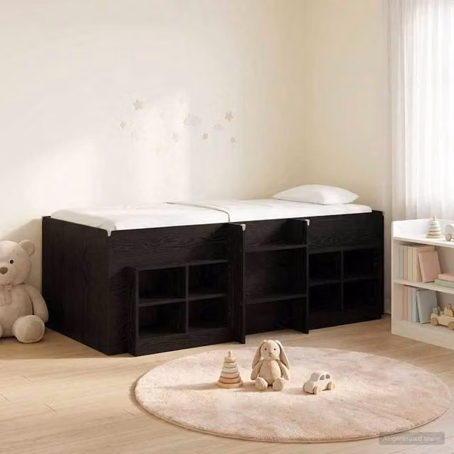 Berkfield Home Modern Loft Bed Frame with Side Compartment Cabinet in Black Engineered Wood – 1