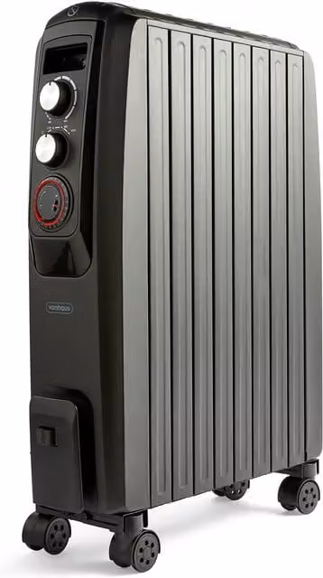 VonHaus 2000W Black Freestanding Oil Filled Radiator with Thermostat, Timer and Safety Protection