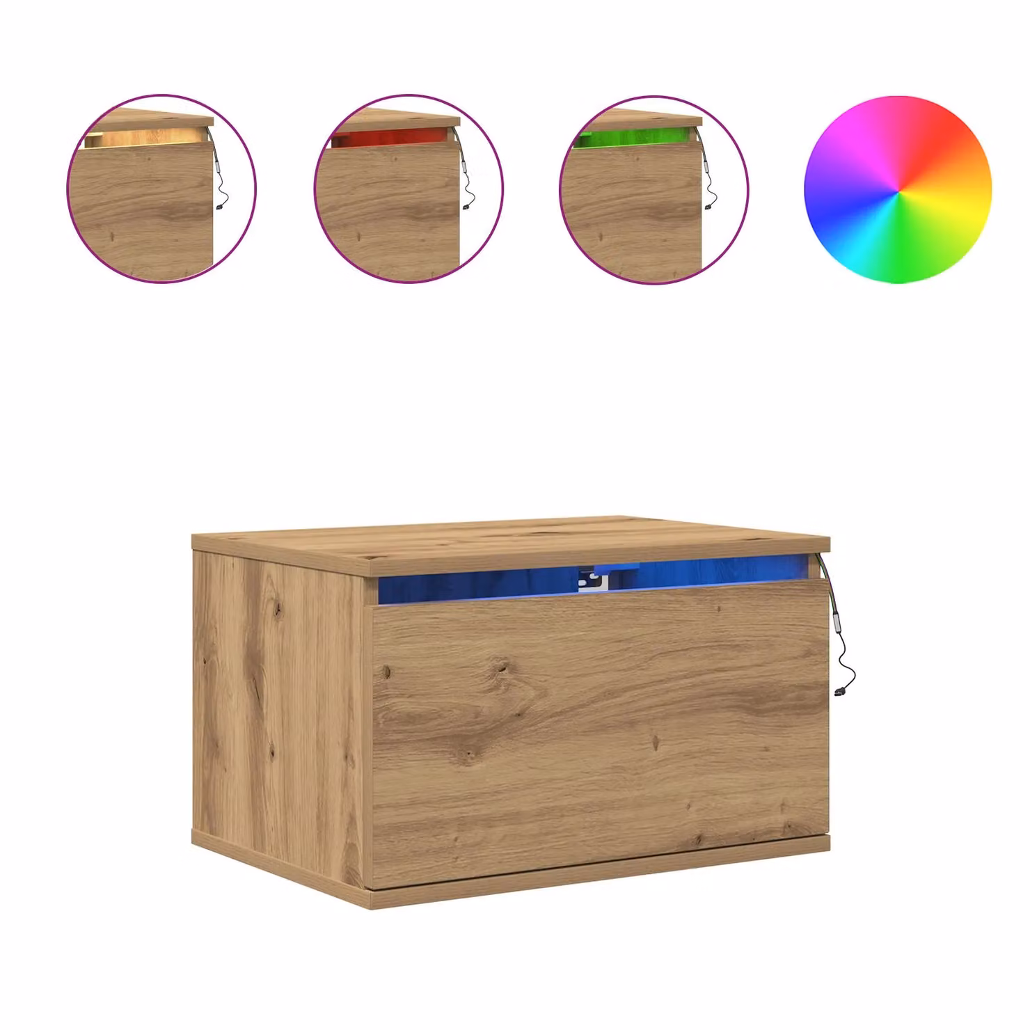 Berkfield Home Wall-Mounted Artisan Oak Bedside Cabinet with Integrated LED Lighting, Brown, W: 50 cm, D: 36 cm, H: 30 cm – 3