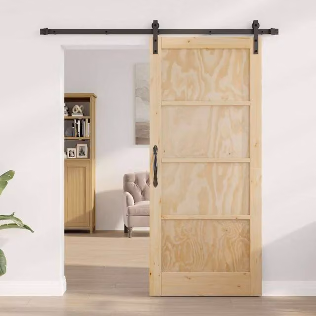Berkfield Home Sliding Wood Pine Door with Hardware Set in Beige, W: 86 cm, H: 198.5 cm – 1