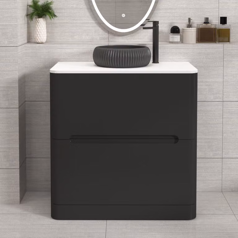 Royal Bathrooms Venice 800mm Matt Nocturne Black Floor Standing 2 Drawer Vanity Unit with Plain White Worktop and Milan Black Basin