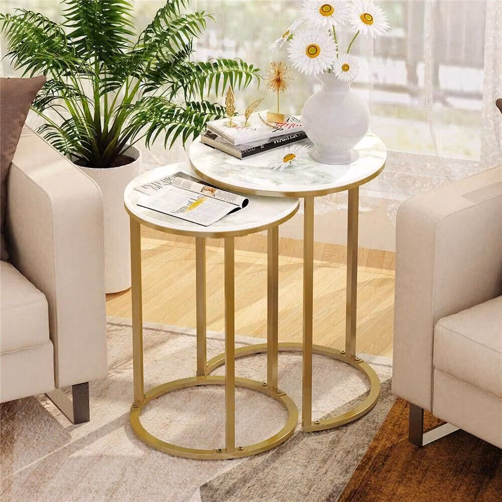 EONLION Modern Round Nesting Coffee Table with White Marble Tops and Gold Sled Base, Width: 100 cm – 4