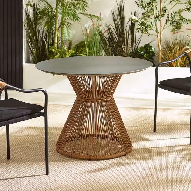 FurnitureboxUK Lanai Round Rattan Garden Dining Table with Glass Top in Black and Beige