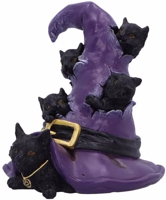 Nemesis Now Magical Mischief Witch Hat and Black Cats Figurine in Purple, Black and Gold, Height: 14 cm
