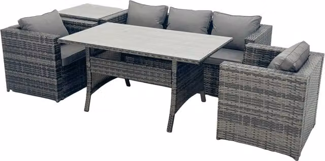 Fimous Modern Outdoor Dining Sofa Set with Side Table in Dark Grey Rattan and Metal – 1